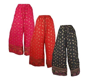 Gold Rayon Trousers Feather Print Hippy 10 12 14 Ethnic Boho Hippie - Picture 1 of 13