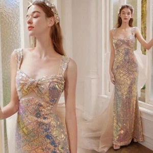 Gorgeous Glitter Sequins OpenBack Bodycon Fishtail Gown Tulle Bowknot Long Train - Picture 1 of 12