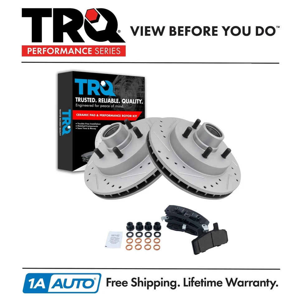 TRQ Front Ceramic Brake Pad & Performance Drilled Slotted Coated Rotors - Изображение 1 из 4