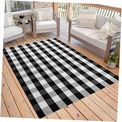  Небольшой ковер в клетку Buffalo 5 x 7 футов черно-белый моющийся  - Изображение 1 из 4