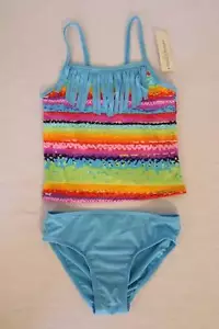 NEW Girls Tankini Set Swimsuit XS 4 - 5 Bathing Suit Rainbow Blue Fringe Tassle - Picture 1 of 2