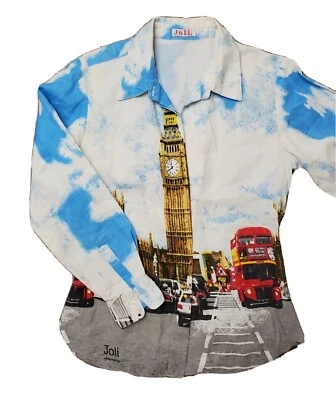 Camisa para mujer Joli mediana escena londinense Big Ben autobús británico abotonada manga larga Foto 1 de 4