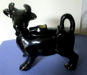 Redware Pottery Black Cow Ceramic Sugar gold trim/ lid no flaws 6" hg. 5" lg. - Picture 1 of 7
