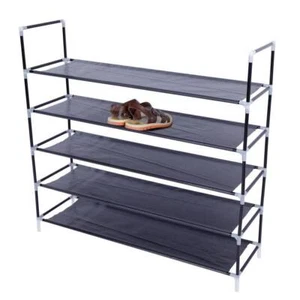 Simple Assembly 5 Tiers Non-woven Fabric Shoe Rack Organizer with Handle Black\ - Picture 1 of 8