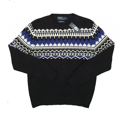 ¡NUEVO $265 Suéter Polo Ralph Lauren Vintage! Cachemira de algodón Fair Isle negra delgada Foto 1 de 2