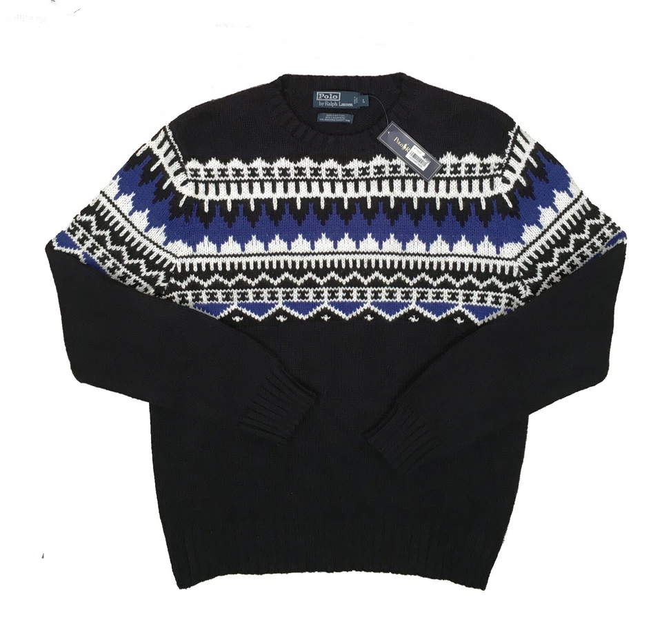 Polo Ralph Lauren Cashmere Blend Crewneck Navy Patterned Ski Sweater 265