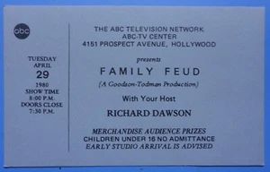 FAMILY FEUD Game Show 1980 Original Ticket mit Richard Dawson ABC HOLLYWOOD V3 - Bild 1 von 2