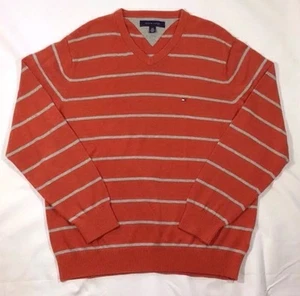 Usado en Excelente Condición Suéter Para Hombre Tommy Hilfiger Naranja y Gris Rayas Cuello en V-Talla L - Imagen 1 de 2