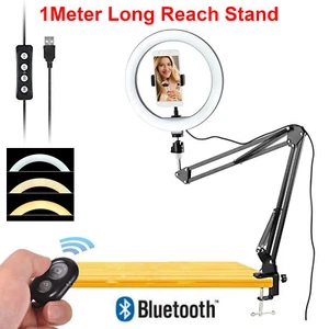 10" LED Ring Light + Scissors Desk Boom Arm Stand Phone Mount + Bluetooth Remote - Picture 1 of 6