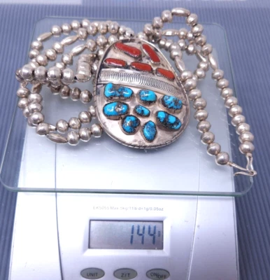 Vintage Navajo Sterling Silver Turquoise Coral Pendant Beaded Necklace 29" - Image 1 of 4