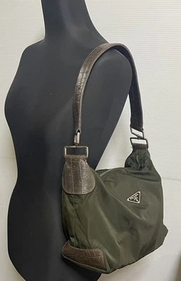 Prada нейлона крокодила выбитый коричневый хаки наплечная сумка винтажный подлинный - Изображение 1 из 4