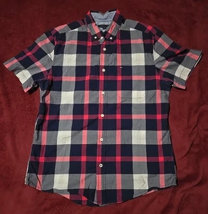 Camicia Tommy Hilfiger uomo M a quadri manica corta con bottoni blu rosa bianco - Foto 1 di 8