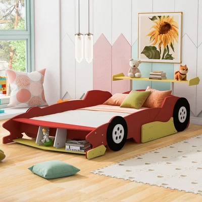 Cama em forma de carro 99" tamanho completo com rodas para quarto de criança quadro de cama de carro de corrida vermelha - Imagem 1 de 4