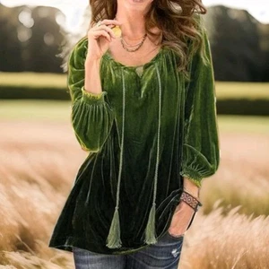 Soft Surroundings Size Small Green Gradient Velvet Peasant Style Top - Picture 1 of 7
