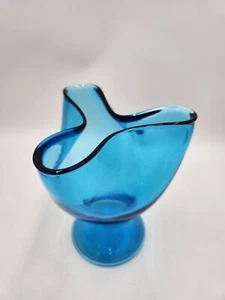 Vintage Blue Art Glass Pedestal Pinched Vase Mid Century Style - Picture 1 of 15