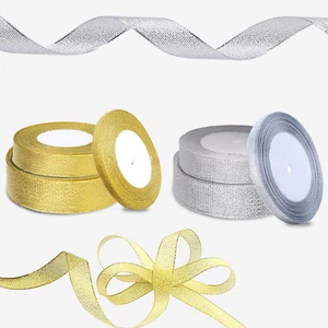 SPARKLY GLITTER METALLIC RIBBON GOLD SILVER 6mm 10mm 20mm Cut Lengths/Roll - Picture 1 of 9
