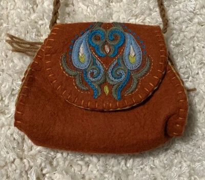 Handmade Felt Wool Kazakhstan bag, orange/brown, sewn decoration 6 in wide - Image 1 of 4