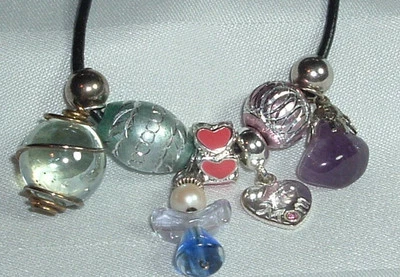 CHARM BRACELET IBB TW 925 HEARTS 玻璃珍珠天使宝石 ETCHED BEADS 黑色绳子 — 第 1/4 张图片