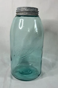 1900-1910 Antique Triple L Ball Mason Jar 1/2 Gallon Aqua Blue w/Zinc Lid - Picture 1 of 14