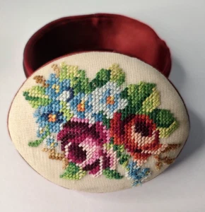 Vintage Hand Made Petit Point Floral Bouquet Red Satin Oval Trinket Box - Picture 1 of 9
