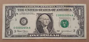 2003 $1.00 FEDERAL RESERVE NOTE PHILADELPHIA LOW SERIAL # C00002654A - Picture 1 of 2