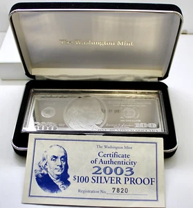 2003 $100 Benjamin Franklin Quarter Pound (4 oz) .999 Fine Silver Bank Note/COA - Picture 1 of 6