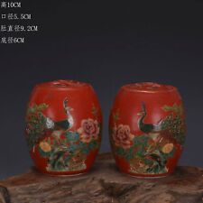 A Pair Chinese Red Famille Rose Porcelain Pot Flowers Bird Design Tea Caddy 4.0"