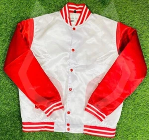 Men's White & Red Satin Varsity Bomber Jacket Vintage Letterman Style Jacket - Picture 1 of 5