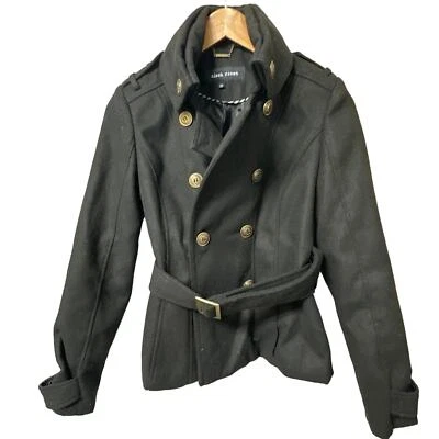 Women’s Black Rivet Belted Black Pea Coat Size XS - Image 1 of 4