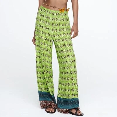 Zara Boho Floral Printed Resort High Waist Palazzo Pants Green Size L Vacay NWT - Image 1 of 4