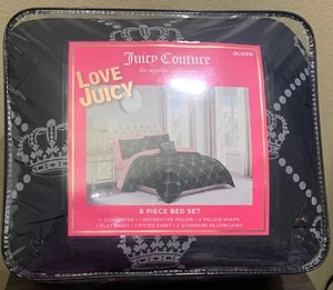 Juicy Couture Nero/Corone 8pz Set QUEEN Trapuntino,Shams,Cuscino,Rosa Fogli Logo - Foto 1 di 8