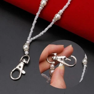 Hollow Beads White Pearls Beaded Lanyard ID Badge Holder Pendant Necklace - Picture 1 of 5