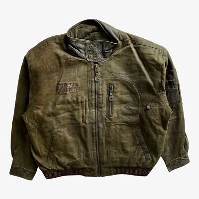 Vintage 80s Men's Giorgio Ferrari Green Leather Jacket, Utility Military Retro - Image 1 of 4