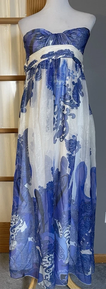 Silk Blend Pleated Midi Dress Sz 12 Strapless High Waist Blue Wedding Boho Beach - Изображение 1 из 4