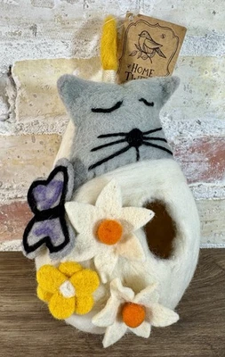 Felted Wool Birdhouse Cat Lover Gift Butterfly Bird Cozy Handmade Indoor Outdoor - Image 1 of 4