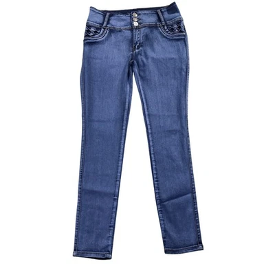 Womens Blue Denim High Waist Button Fly Skinny Jeans Size 15 Embellished Pockets - Image 1 of 4