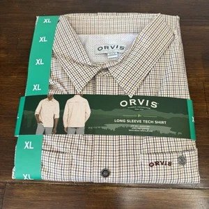 ORVIS Mens Tech Shirt Woven Outdoor Hiking Fishing Brown Plaid XL NWT - Picture 1 of 5