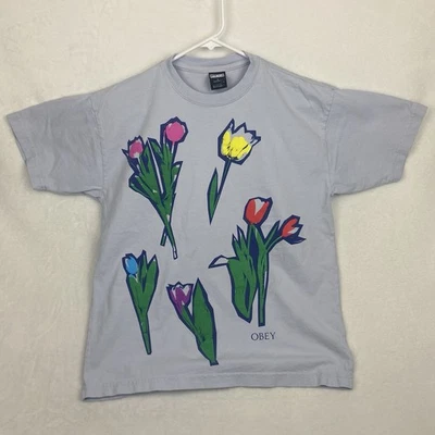 Obey Dutch Cut Tulips Floral Graphic Shirt Small Blue Short Sleeve Crewneck - Image 1 of 4