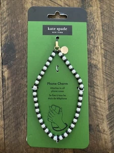 Kate Spade New York Phone Charm Wrist Lanyard Pearl & Black Beads NEW - Afbeelding 1 van 2
