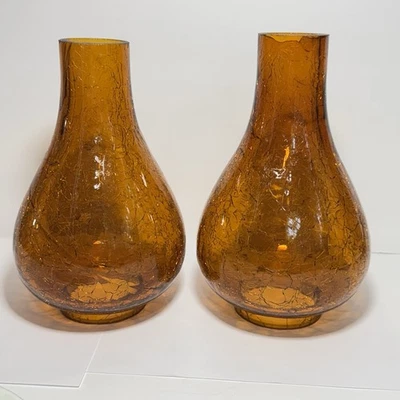 Pair Amber Honey Crackle Glass Hurricane Oil LampChimney Shade Replacement - Image 1 of 4