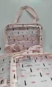 Mary Kay Pink Cosmetic Bag With Lipstick & Lips Print Clear Vinyl Front Set 3 - Picture 1 of 8