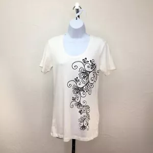 Womens M Top White with Black Floral Screen Print Short Sleeve Scoop Neck - Picture 1 of 12