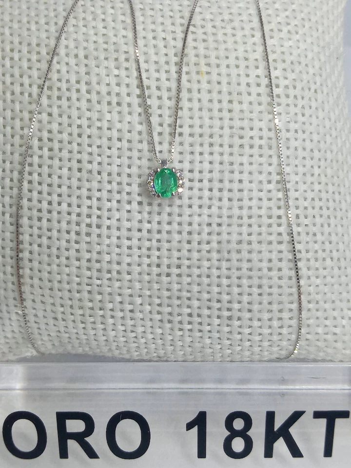 Collana in oro bianco 750 18 kt carati donna smeraldo e diamanti garanzia +2361 - Immagine 1 di 4