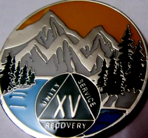 Mountain Blue green Alcoholics Anonymous 15 year AA silver Medallion Coin Token - Picture 1 of 9