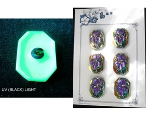 6 Czech Vaseline Glass Buttons on Card #P428 - 23 mm or 7/8" - VIOLETS - Picture 1 of 5
