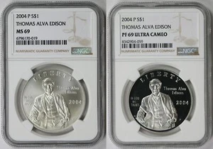 2004-P 2 Coin Set Thomas Alva Edison Commemorative Silver $1 MS 69 + PF 69 NGC - Picture 1 of 6