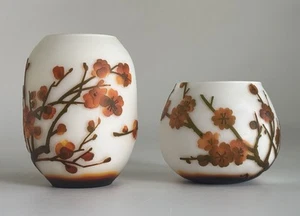 Vintage Set GALLE Reproduction Cameo Art Glass Nouveau Deco Vase Cherry Blossom - Picture 1 of 19