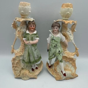 Antique Porcelain Figurine Candlestick Holders Pair Victorian German Bisque - Picture 1 of 8