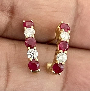 14KT Yellow Gold 0.72CTW Ruby and 0.40CTW Diamond J-Hoop Earrings (G35) - Picture 1 of 10