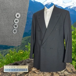 Perry Ellis USA Made Sport Coat Mens 44L Blue Wool Double Breasted Peak - Picture 1 of 11